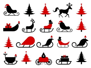 Photo of christmas sleighs and trees isolated on white background