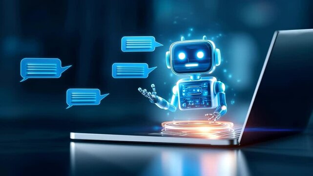 Artificial intelligence chatbot and digital robot assistant with virtual conversation interface laptop, futuristic technology, glowing blue