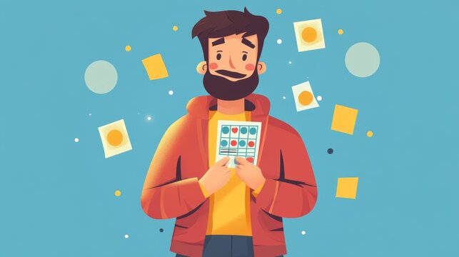 A cheerful man holds a bingo card, surrounded by bingo balls and markers, enjoying a fun game moment.