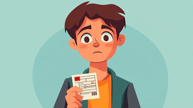 A worried young man holds a paper with marks, showing concern over his exam or report card results.