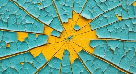 Cracked Paint Abstract: Teal and Yellow Radial Pattern with Texture.