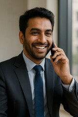 Senior Latin businessman smiling and speaking on smartphone in modern office environment