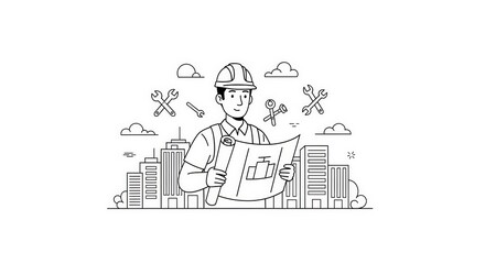 Construction Engineer Holding Blueprint in Urban Construction Site with Skyscrapers and Tools