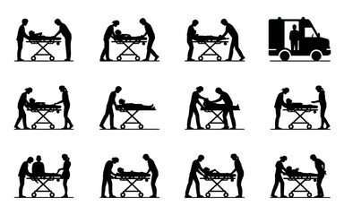 Emergency Paramedic stretcher service icons silhouette