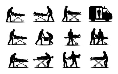 Emergency Paramedic stretcher service icons silhouette