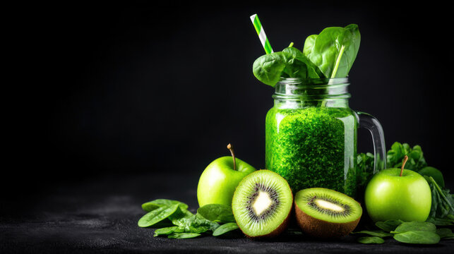 A green smoothie in a mason jar with a straw, surrounded by spinach leaves, green apples, and sliced kiwi on a dark background.