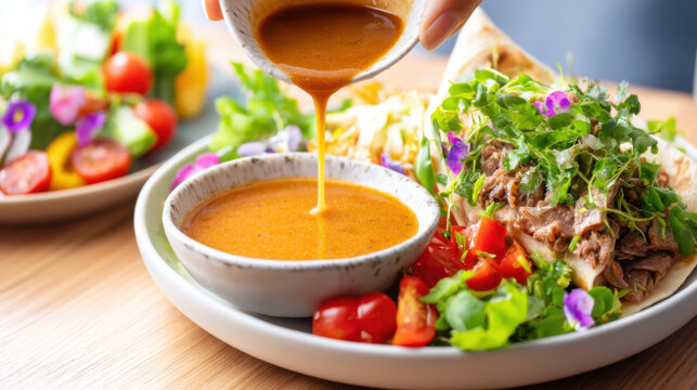 A fresh, vibrant salad with mixed greens, cherry tomatoes, shredded meat, and edible flowers is being topped with a creamy, rich dressing.