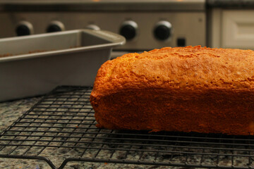Freshly Baked Pound Cake in Warm, Casual Kitchen Environment