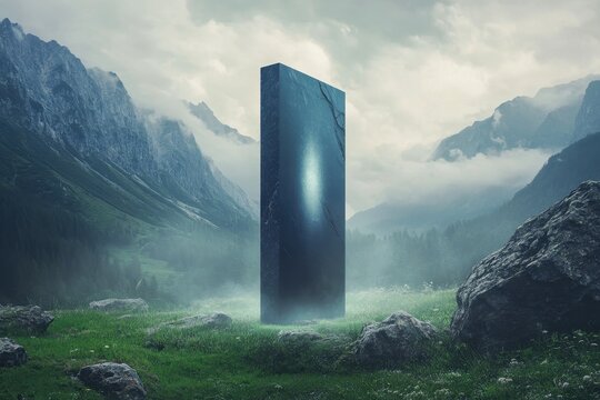levitating monolith glowing in mist
