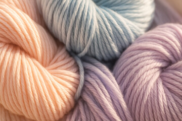 Pastel Ombre Yarn Balls Close-Up – Peach, Lavender, and Gray-Blue Tones with Soft Texture Focus
