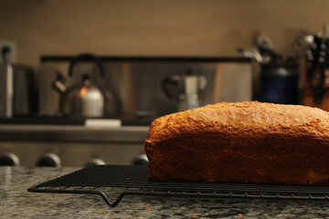 Freshly Baked Pound Cake in Warm, Casual Kitchen Environment
