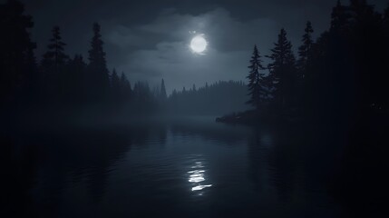 Moonlight forest river scene