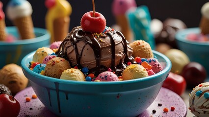 Colorful Ice Cream Sundae Bowl with Chocolate Drizzle, Sprinkles, and Cherry Topping