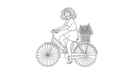 Line Drawing of Woman Riding Bicycle with Basket of Flowers in Simple Style