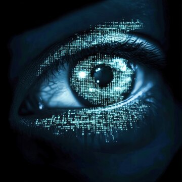 large eye made entirely of glowing binary code watching from darkness