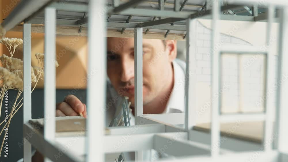 Poster closeup of caucasian architect engineer inspect house construction and checking building material. p