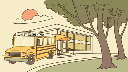 Yellow school bus travels through the city on a sunny day