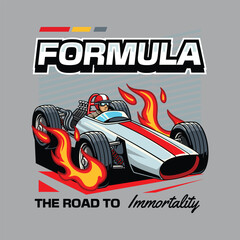 Retro race car with bold red stripe, flames, and bold typography in cartoon illustration