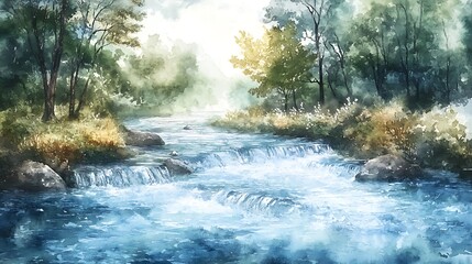 Forest river scene watercolor