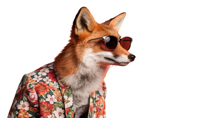 Cool fox with sunglasses and floral shirt image for animal lovers and funny pictures and meme content online isolated on transparent background