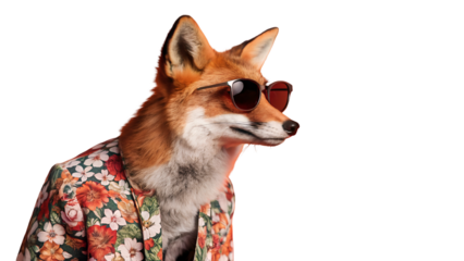 Cool fox with sunglasses and floral shirt image for animal lovers and funny pictures and meme content online  isolated on transparent background