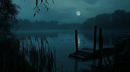 Moonlight over misty lake pier