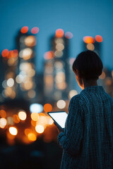 Person Using Tablet with City Lights