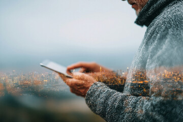 Man Using Tablet with City Overlay