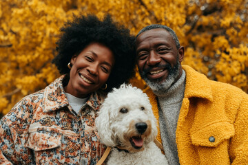 Happy Couple with Dog in Autumn