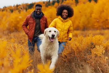 Couple and Dog Running in Autumn