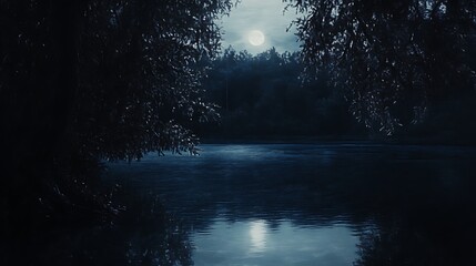 Moonlit lake in forest