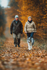 Couple Walking with Dog in Autumn Forest