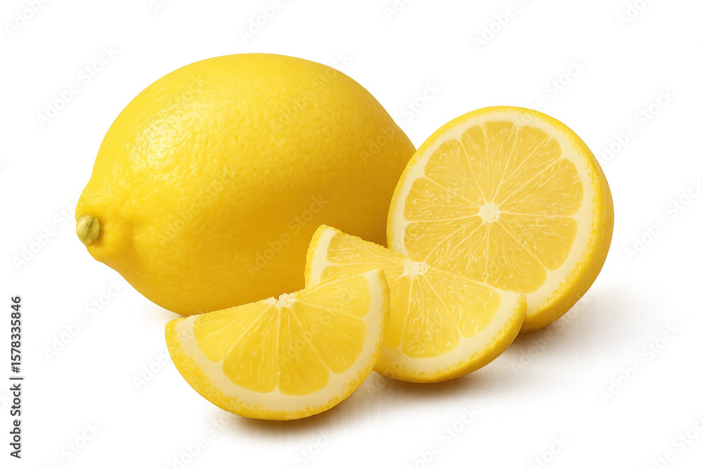 Poster sliced and whole ripe lemons creating a vibrant and refreshing image, isolated on a transparent back