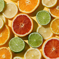 Fototapeta premium Fresh Citrus Slices of Orange, Lemon, Lime, and Grapefruit on Yellow