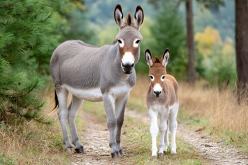 Fototapeta premium Donkey mother and her foal standing on a path in the forest