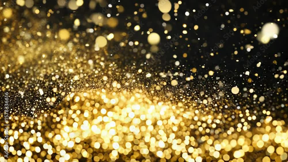 Poster golden particles swirling and creating bokeh effect on black background