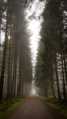 Fototapeta premium Foggy forest path landscape photography, nature trail through trees, woodland scenery view