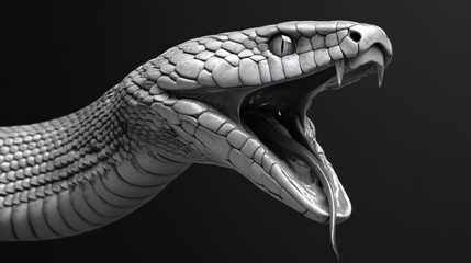 Close-up grayscale render of a snake's head