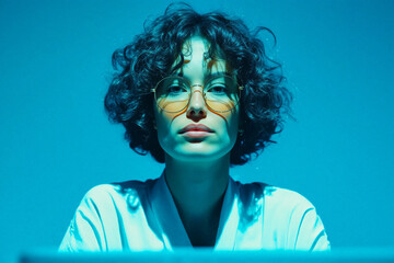 Woman with Glasses in Blue Light