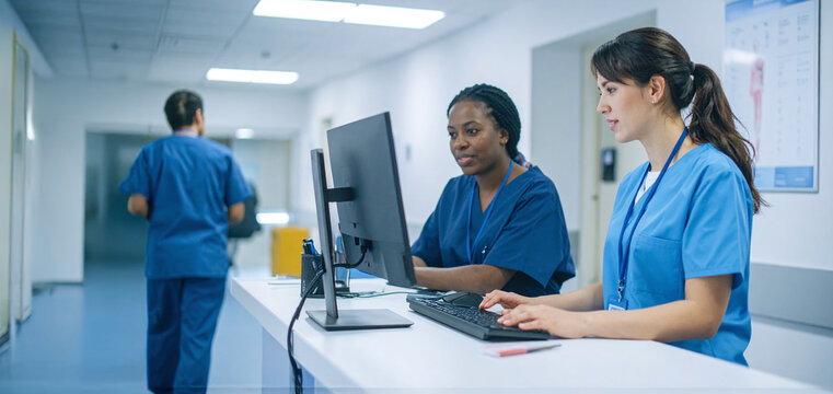 Medical nurses entering patient records into hospital computer system using electronic health records to manage healthcare information digitally