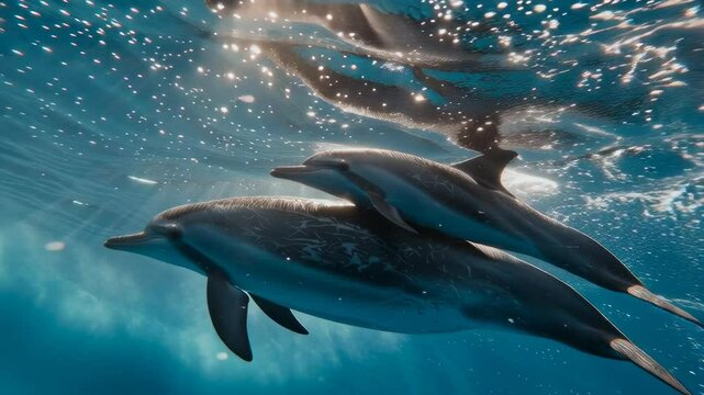 two dolphins swimming in the ocean