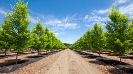 Rows of Lush Green Trees Under a Bright Blue Sky with White Clouds in a Sunny Day Landscape