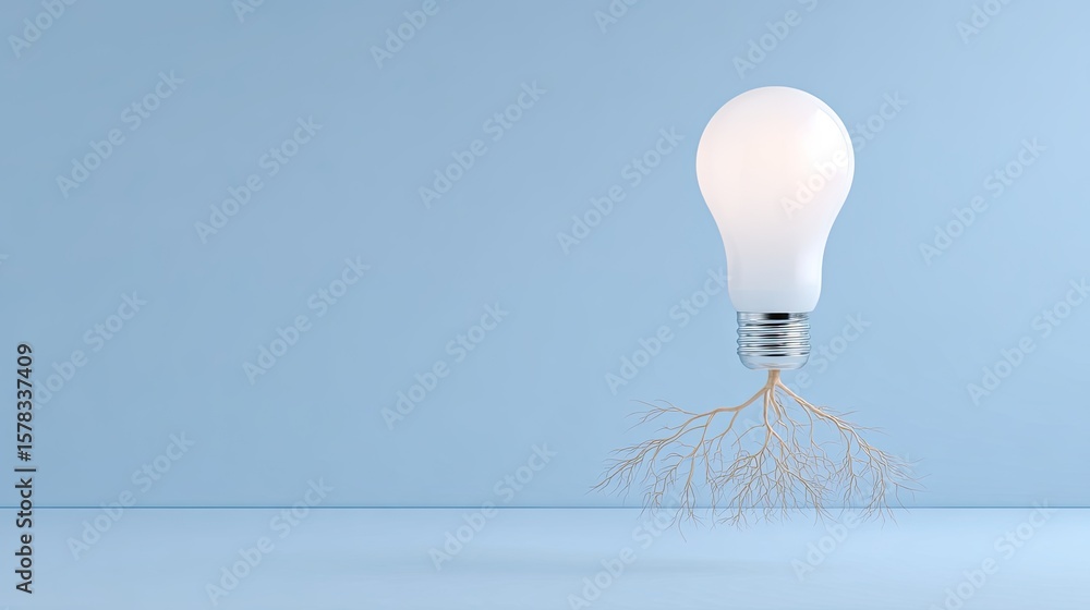 Poster light bulb with roots symbolizing ideas growing from innovation and creativity in a minimalist setti
