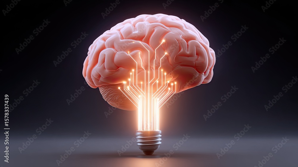 Poster futuristic brain concept with light bulb and digital circuits representing innovation and technology