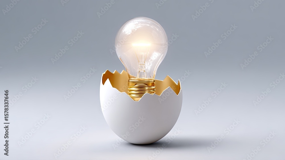 Poster light bulb emerging from cracked eggshell representing ideas and innovation in minimalistic design