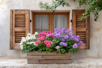 Fototapeta premium Colorful geraniums decorating window of traditional house in mediterranean village