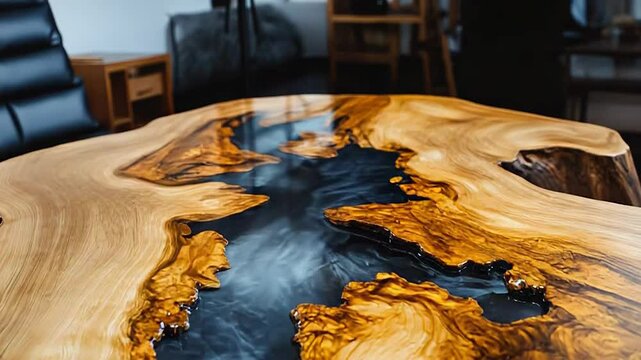 Expensive designer live edge wooden table with epoxy resin showing wood grain pattern