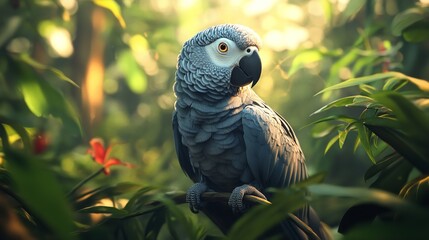 Fototapeta premium African grey parrot sitting on a branch in nature