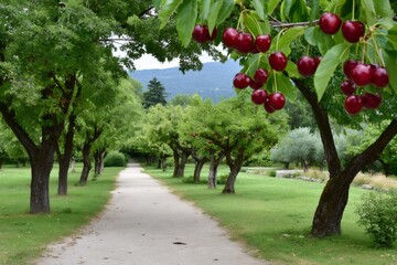 Fototapeta premium Ripe red cherries hanging from tree branches bordering gravel path in orchard