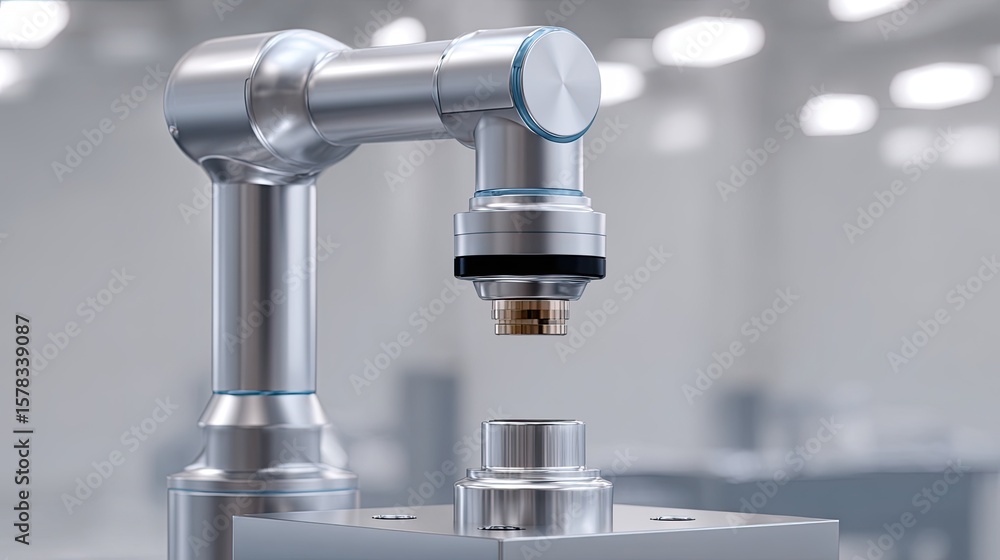 Poster high-tech robotic arm preparing to attach component in modern industrial environment
